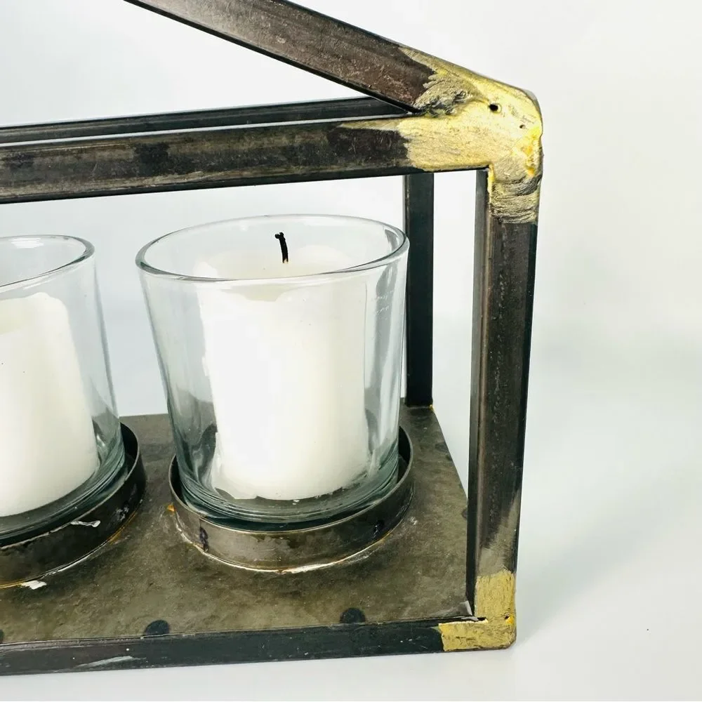 Modern Metal Candle Holder Brushed Gold Accents 5 Glass Votives Farmhouse Decor